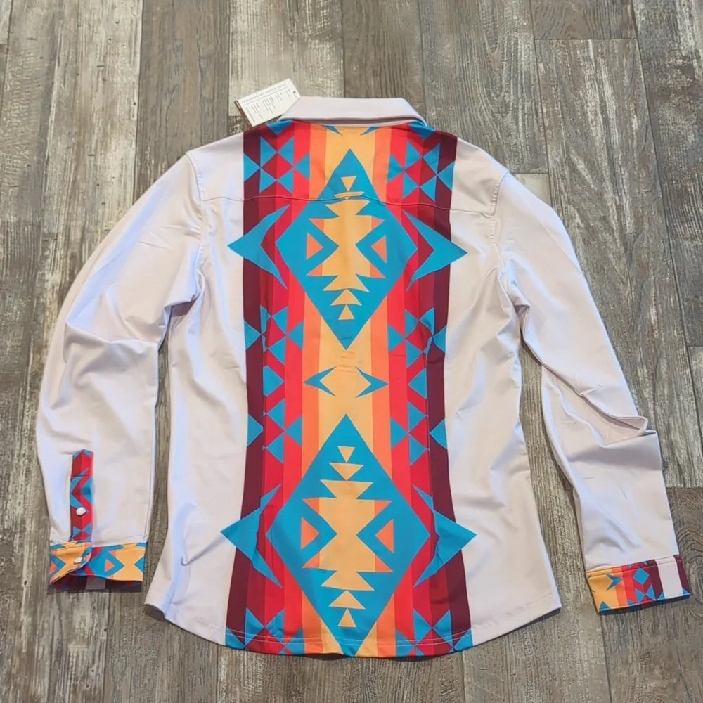 RANCH DRESS'N Fallon Taylor "Atoka" white/blue Performance rodeo shirt sz L NWT - Picture 7 of 11